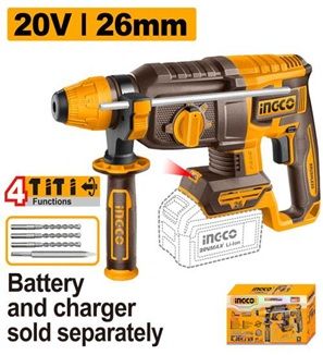 INGCO Перфоратор аккумуляторный бесщеточный SUPER INDUSTRIAL 20W Li-ion SOLO/ SDS-Plus/ 2.5 Дж