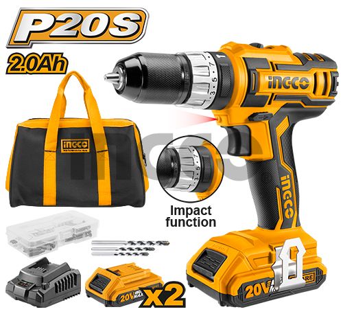 INGCO Дрель-шуруповерт аккумуляторная ударная Li-Ion  INDUSTRIAL 20W 2Ач 2шт/45 Нм/ 18+1+1