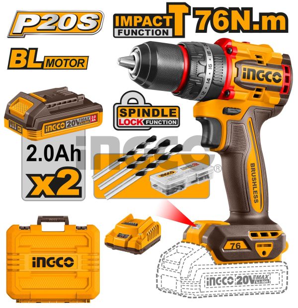 INGCO Дрель аккумуляторная ударная SUPER INDUSTRIAL Li-Ion 20W 2Ач 2шт/76 Нм/ 22+1+1
