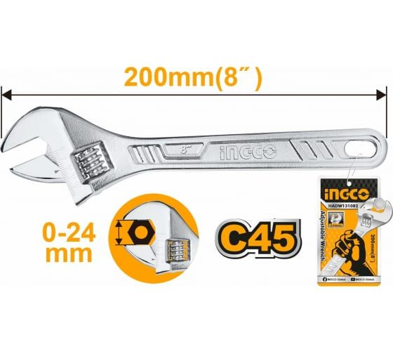 INGCO Ключ разводной 200 мм/ Регулируемый размер зева: 0-24 мм