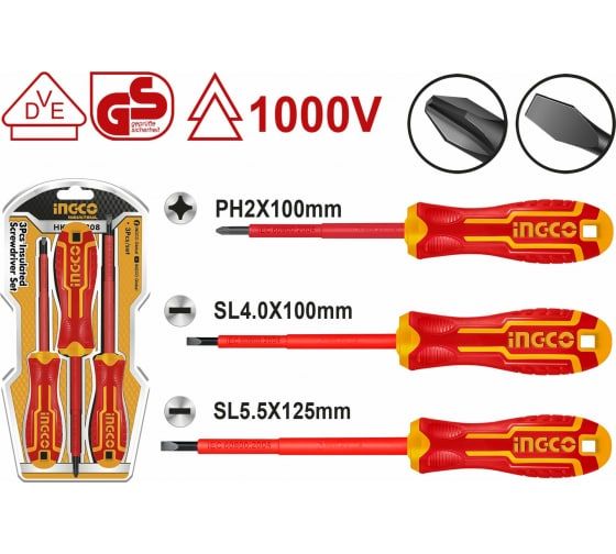 INGCO Набор диэлектрических отверток 3 шт INDUSTRIAL