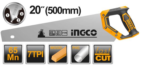 INGCO Ножовка по дереву INDUSTRIAL 500мм 65Мн 7TPI