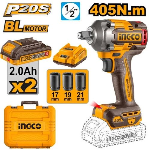 INGCO Гайковерт аккумуляторный бесщеточный ударный Li-Ion 20W SUPER INDUSTRIAL 20W 2Ач 2шт/405 Нм