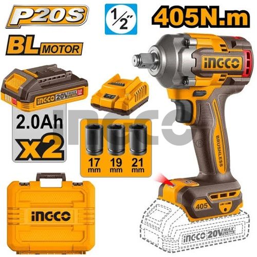 INGCO Гайковерт аккумуляторный бесщеточный ударный Li-Ion 20W SUPER INDUSTRIAL 20W 2Ач 2шт/405 Нм
