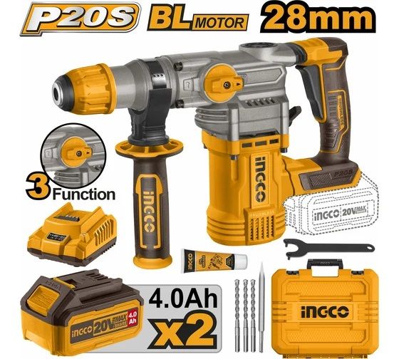 INGCO Перфоратор аккумуляторный бесщеточный INDUSTRIAL 20W Li-ion/ SDS-Plus/ 4.5 Дж/ 2x4 Ач