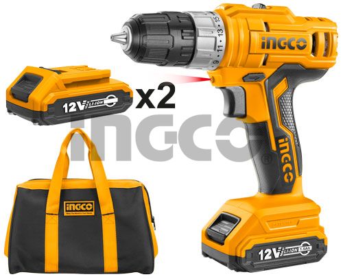 INGCO Дрель-шуруповерт аккумуляторная безударная Li-Ion INDUSTRIAL 12W 1.5Ач 2шт/ 25Нм 15+1