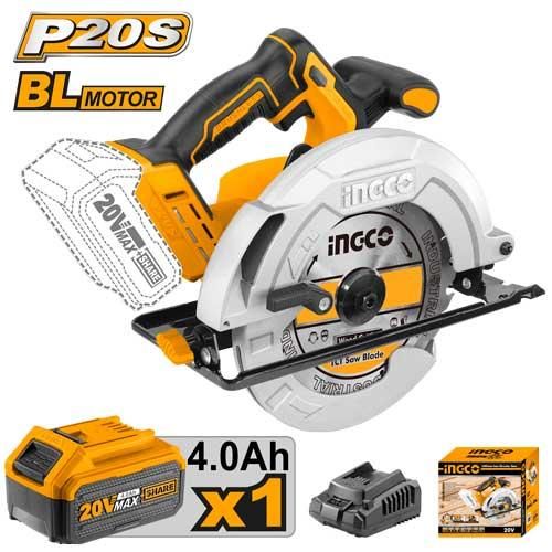 INGCO Пила дисковая аккумуляторная бесщеточная INDUSTRIAL 20W Li-Ion/ Ø 185 мм/ 1x4 Ач