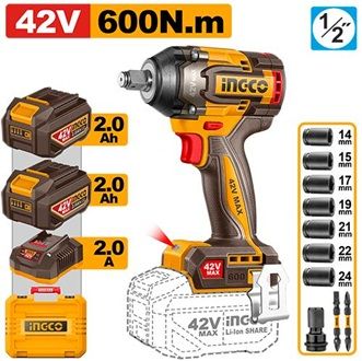 INGCO Гайковерт аккумуляторный бесщеточный ударный Li-Ion SUPER INDUSTRIAL 42Vmax 2Ач 2шт/600 Нм