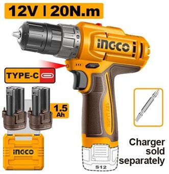 INGCO Дрель аккумуляторная безударная Li-Ion 12W 1,5Ач 2шт/ 20 Нм/ 15+1/ USB type-C