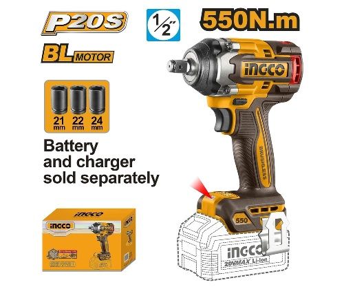 INGCO Гайковерт аккумуляторный бесщеточный ударный Li-Ion 20W SUPER INDUSTRIAL SOLO/550 Нм
