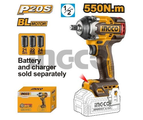 INGCO Гайковерт аккумуляторный бесщеточный ударный Li-Ion 20W SUPER INDUSTRIAL SOLO/550 Нм