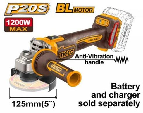 INGCO Машина углошлифовальная аккумуляторная SUPER INDUSTRIAL Li-Ion 20W SOLO/ Ø диска 125мм