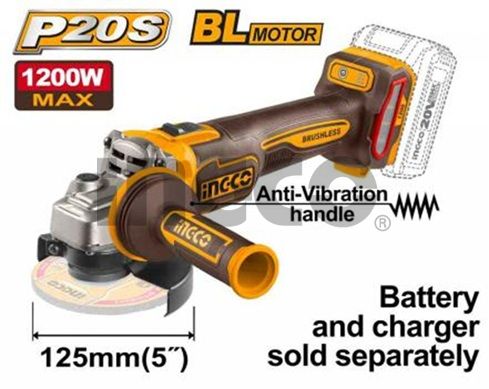 INGCO Машина углошлифовальная аккумуляторная SUPER INDUSTRIAL Li-Ion 20W SOLO/ Ø диска 125мм