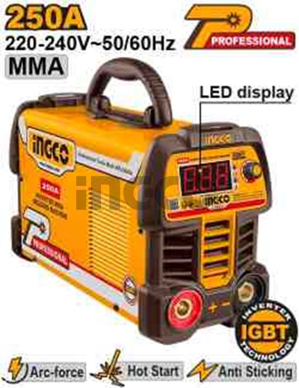 INGCO Аппарат сварочный инверторный INDUSTRIAL MMA 250А IGBT/ Ø электрода 1.6-5мм/ ЖК дисплей