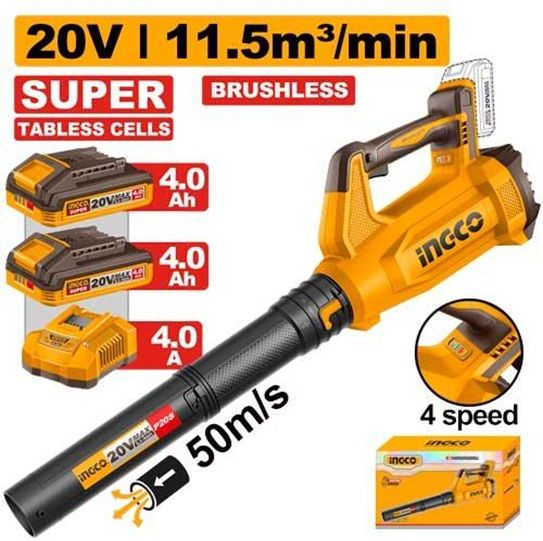 INGCO Воздуходувка аккумуляторная Li-Ion 20W 2x4 Ач/ Макс. объем воздуха: 11,5 м³/мин.