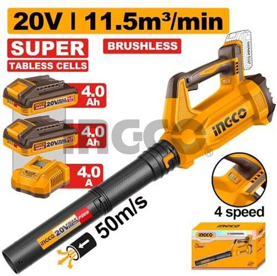 INGCO Воздуходувка аккумуляторная Li-Ion 20W 2x4 Ач/ Макс. объем воздуха: 11,5 м³/мин.