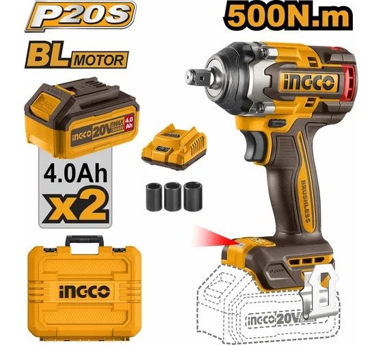 INGCO Гайковерт аккумуляторный бесщеточный ударный Li-Ion  20W INDUSTRIAL 20W 4Ач 2шт/500 Нм