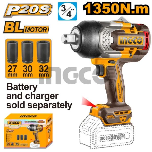 INGCO Гайковерт аккумуляторный бесщеточный ударный Li-Ion 20W INDUSTRIAL SOLO/1350 Нм