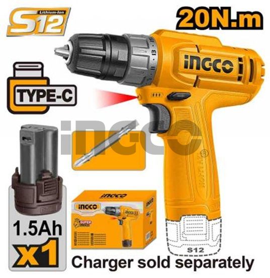INGCO Дрель аккумуляторная Li-Ion 12W 1,5Ач 1шт/ 20 Нм/ 15+1/ USB type-C
