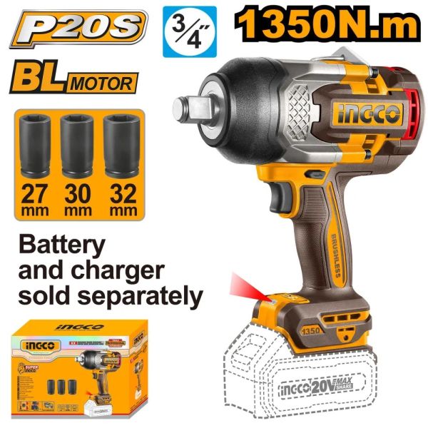 INGCO Гайковерт аккумуляторный бесщеточный ударный Li-Ion 20W SUPER INDUSTRIAL SOLO/1350 Нм