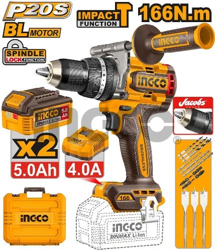 INGCO Дрель аккумуляторная ударная SUPER INDUSTRIAL Li-Ion 20W 5Ач 2шт/166 Нм/ 23+1+1