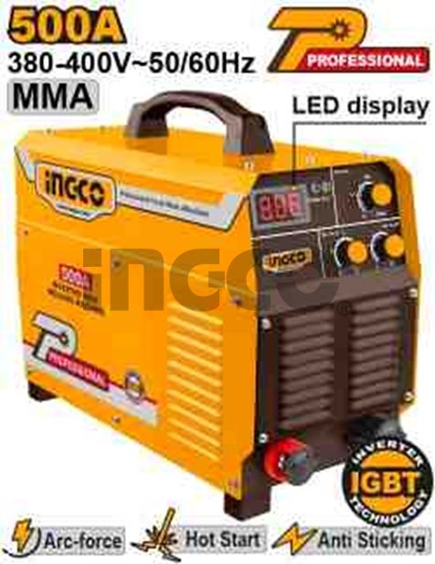 INGCO Аппарат сварочный инверторный INDUSTRIAL MMA 500А IGBT 380В/ Ø электрода 2,5-6,0мм/ ЖК дисплей