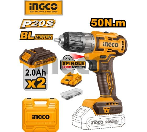 INGCO Дрель-шуруповерт аккумуляторная безударная Li-Ion INDUSTRIAL 20W 2Ач 2шт /50Нм/15+1