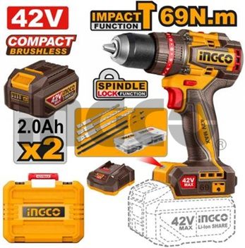 INGCO Дрель аккумуляторная ударная SUPER INDUSTRIAL Li-Ion 42Vmax 2Ач 2шт/69 Нм/ 22+1+1