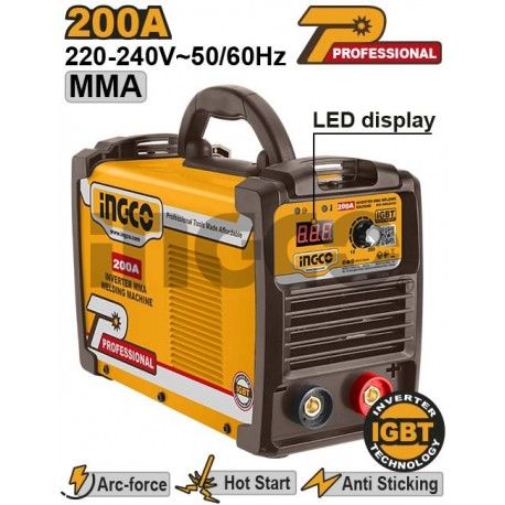 INGCO Аппарат сварочный инверторный INDUSTRIAL MMA 200А IGBT/ Ø электрода 1,6-4мм/ LCD дисплей