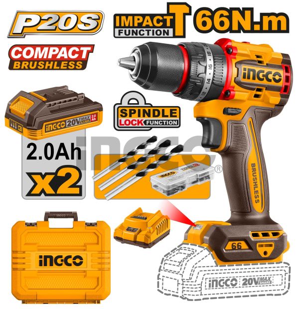 INGCO Дрель аккумуляторная ударная Li-Ion  INDUSTRIAL 20W 2Ач 2шт/66 Нм/ 22+1+1