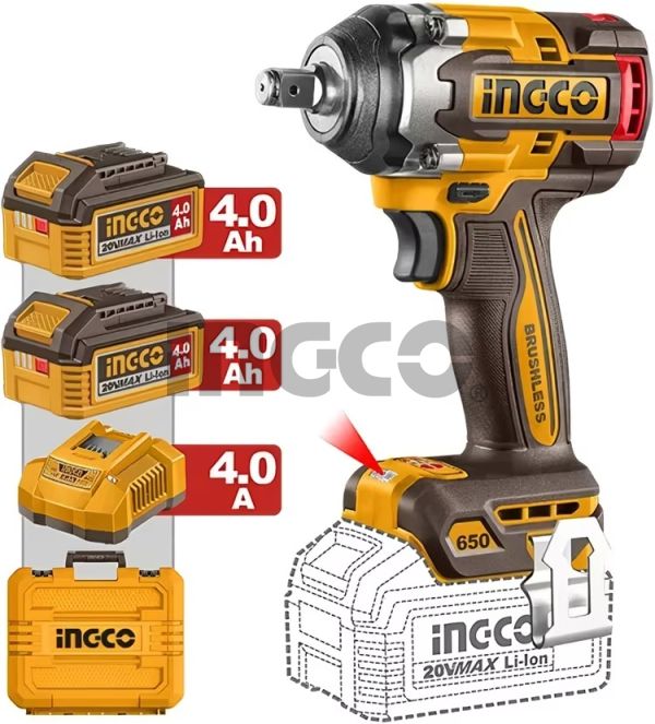 INGCO Гайковерт аккумуляторный бесщеточный ударный Li-Ion 20W SUPER INDUSTRIAL 20W 4Ач 2шт/650 Нм