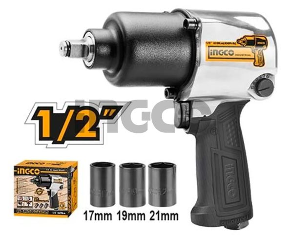 INGCO Гайковерт пневматический ударный INDUSTRIAL 1/2" 610 Hm/ набор головок