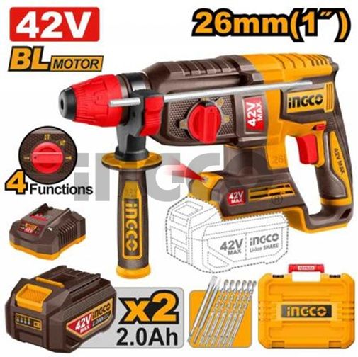 INGCO Перфоратор аккумуляторный бесщеточный SUPER INDUSTRIAL 42Vmax/ SDS-Plus/ 2.5 Дж/ 2x2 Ач