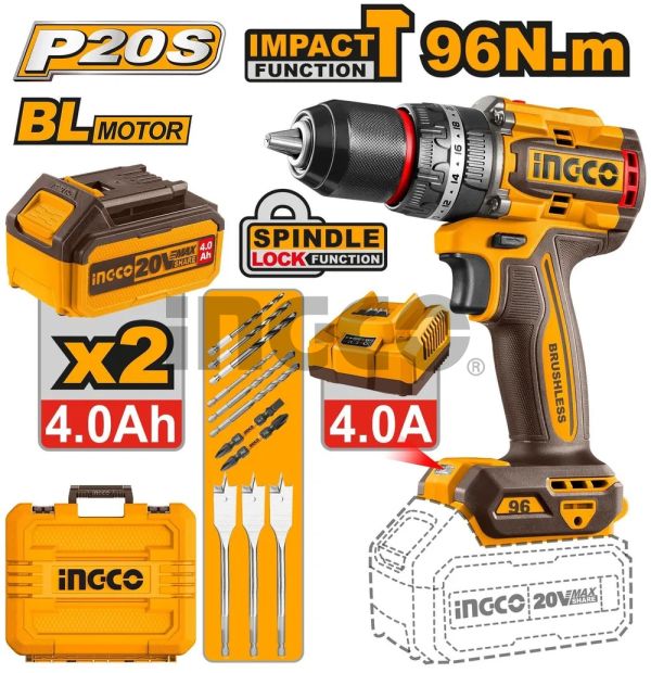 INGCO Дрель аккумуляторная ударная SUPER INDUSTRIAL Li-Ion 20W 4Ач 2шт/96 Нм/ 22+1+1