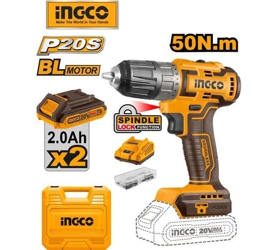 INGCO Дрель-шуруповерт аккумуляторная безударная Li-Ion INDUSTRIAL 20W 2Ач 2шт /50 Нм/ 15+1