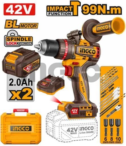 INGCO Дрель аккумуляторная ударная SUPER INDUSTRIAL Li-Ion 42Vmax 2Ач 2шт/99 Нм/ 22+1+1